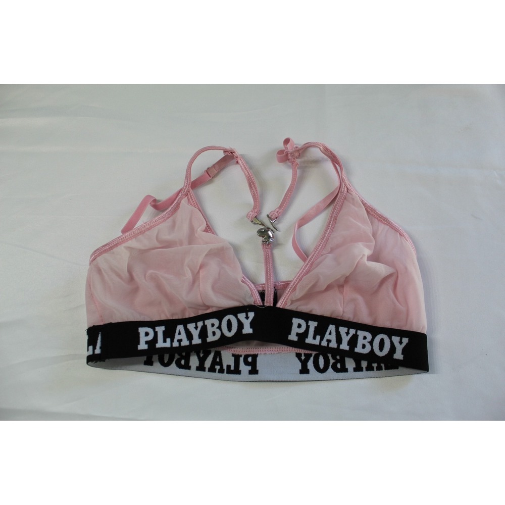 DAMAGED Playboy Pink Mesh Bralette Logo Elastic Underband Front Rabbit Clasp S/M